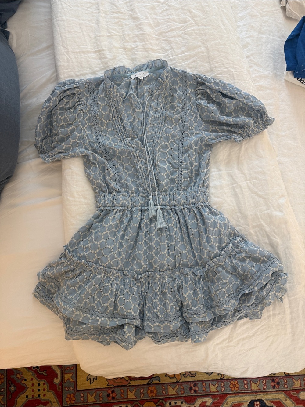 Light Blue Short Puff-Sleeve Mini Dress with Tassel Tie